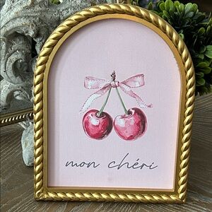 NEW! Vintage Inspired Gold Framed Mon Cheri French Cherry Canvas Easel Sign